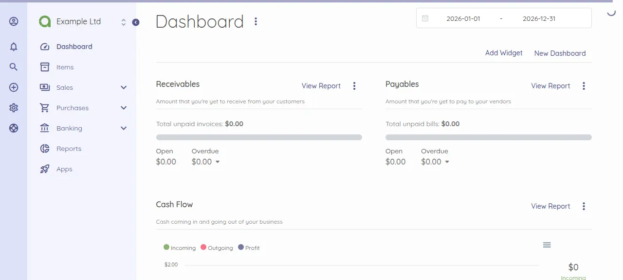 The Akaunting dashboard for the company Example Ltd after signing in
