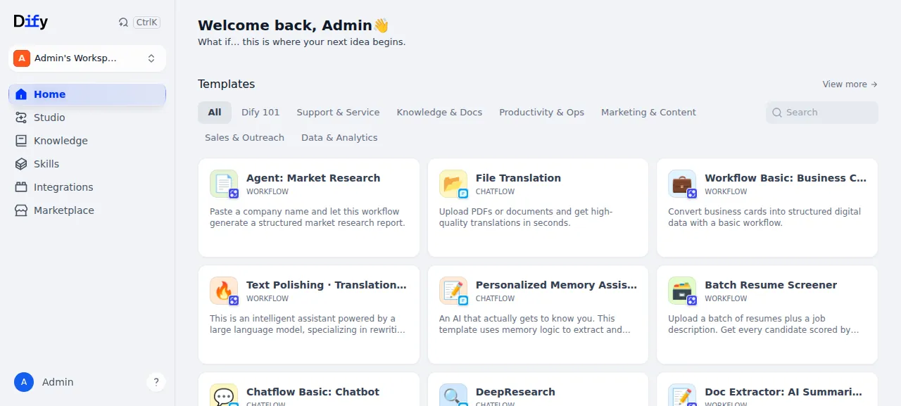 The Dify home page with its workflow templates after signing in as the admin