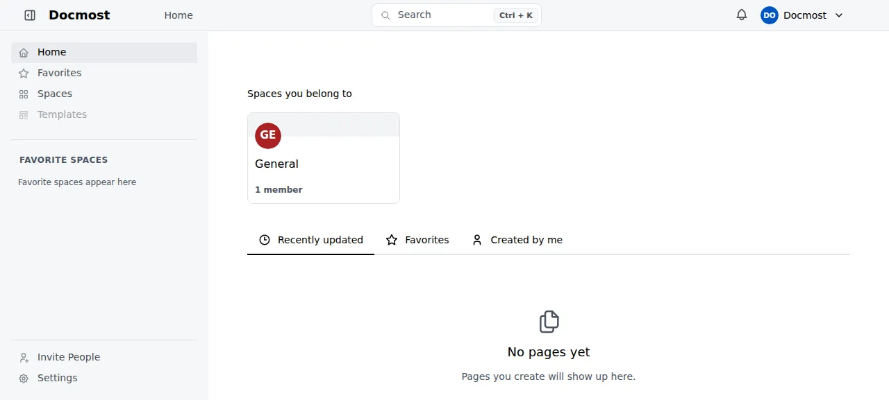 The Docmost home page with the General space after signing in