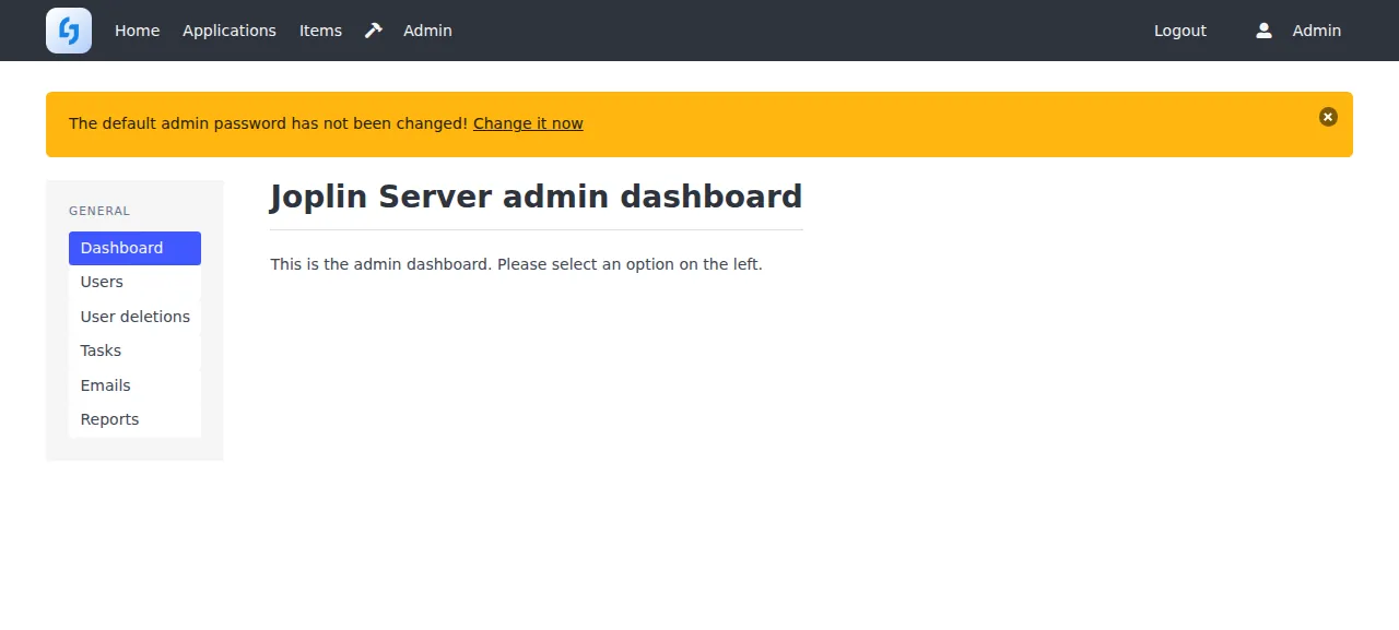 The Joplin Server admin dashboard after signing in