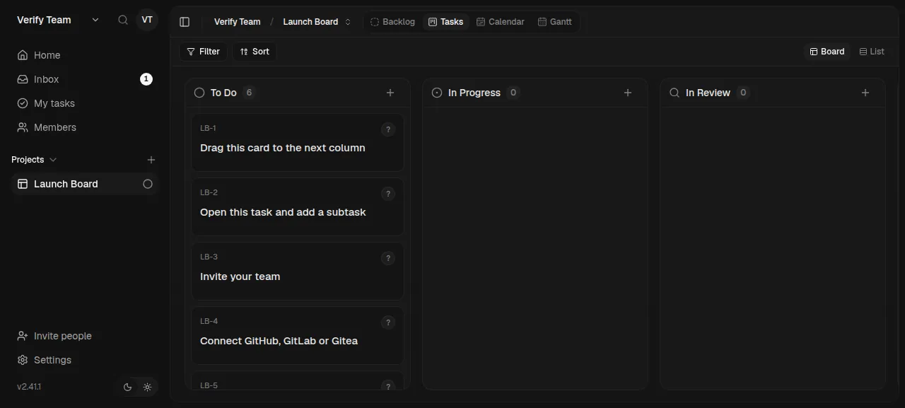 The Kaneo Launch Board with six tasks in To Do after a task was added