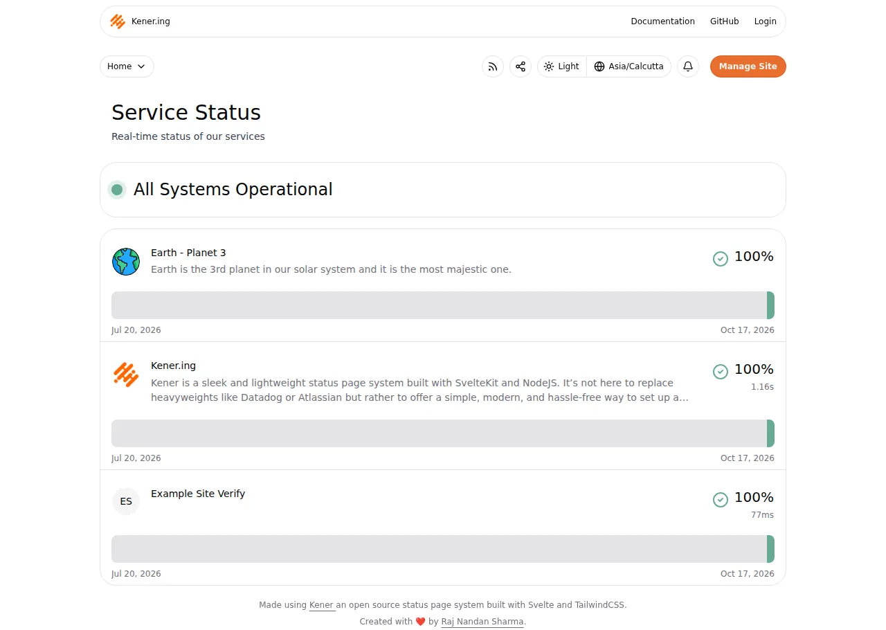The Kener status page with the new monitor Example Site Verify at 100 percent